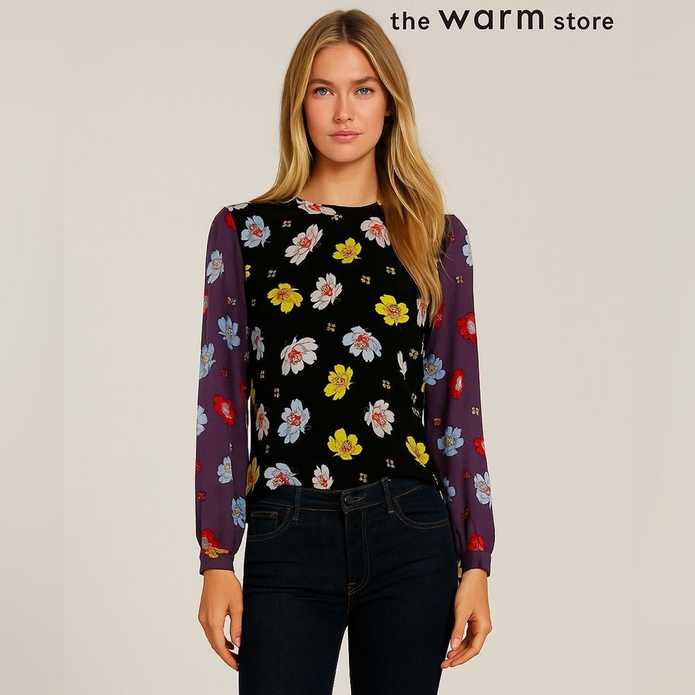 WARM New York Vibrant Floral Multi Colored Blouse Boho Top Long Ballon Sleeves S